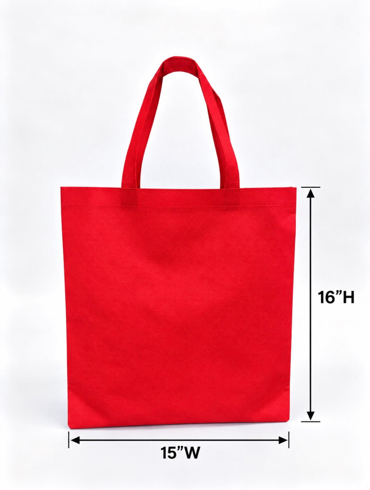 Red non-woven tote bag, 15 × 16 inches, dimension diagram