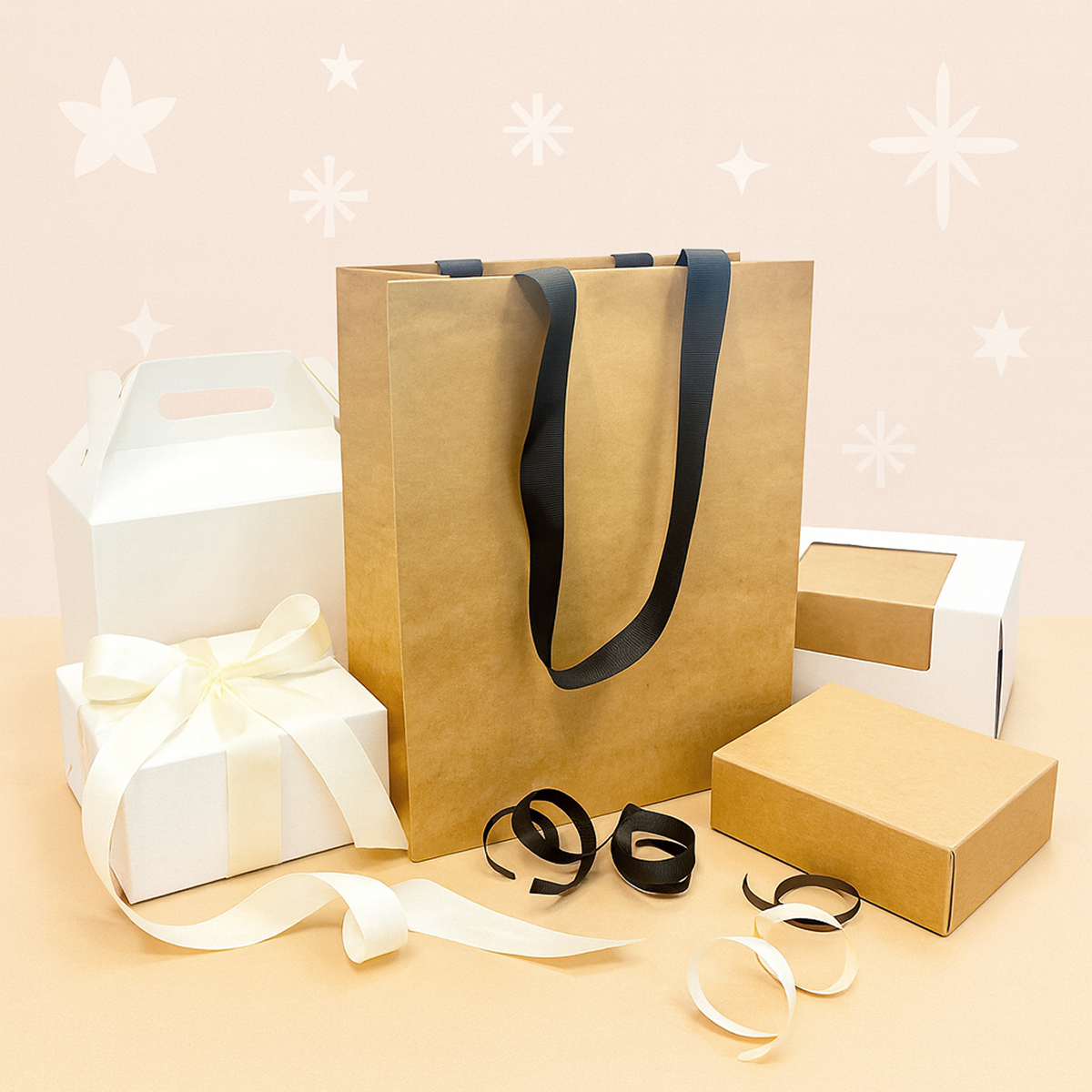 FB8410BBLK | 200pcs Cub 8x4x10 inches Kraft Contour Luxe Paper Gift Bag, Double-sides Smooth Finish, Black Ribbon Handles; $0.84/pc