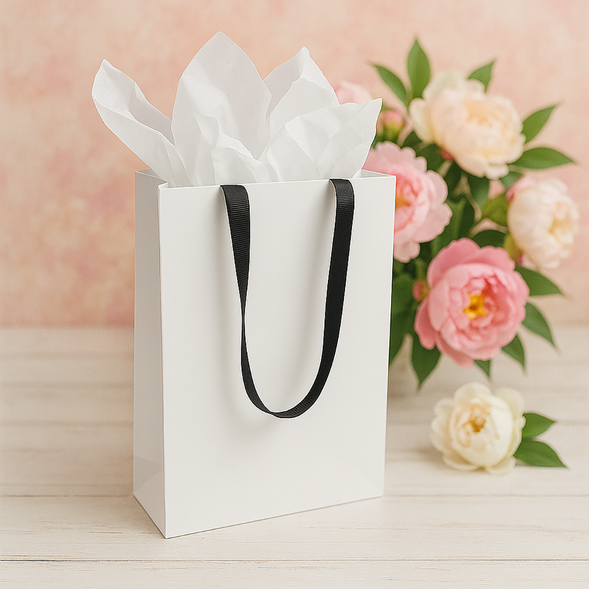 FB8410WB | 200pcs Cub 8x4x10 inches White Contour Luxe Paper Bags, Double-sides Smooth Finish, Black Ribbon Handles; $0.96/pc