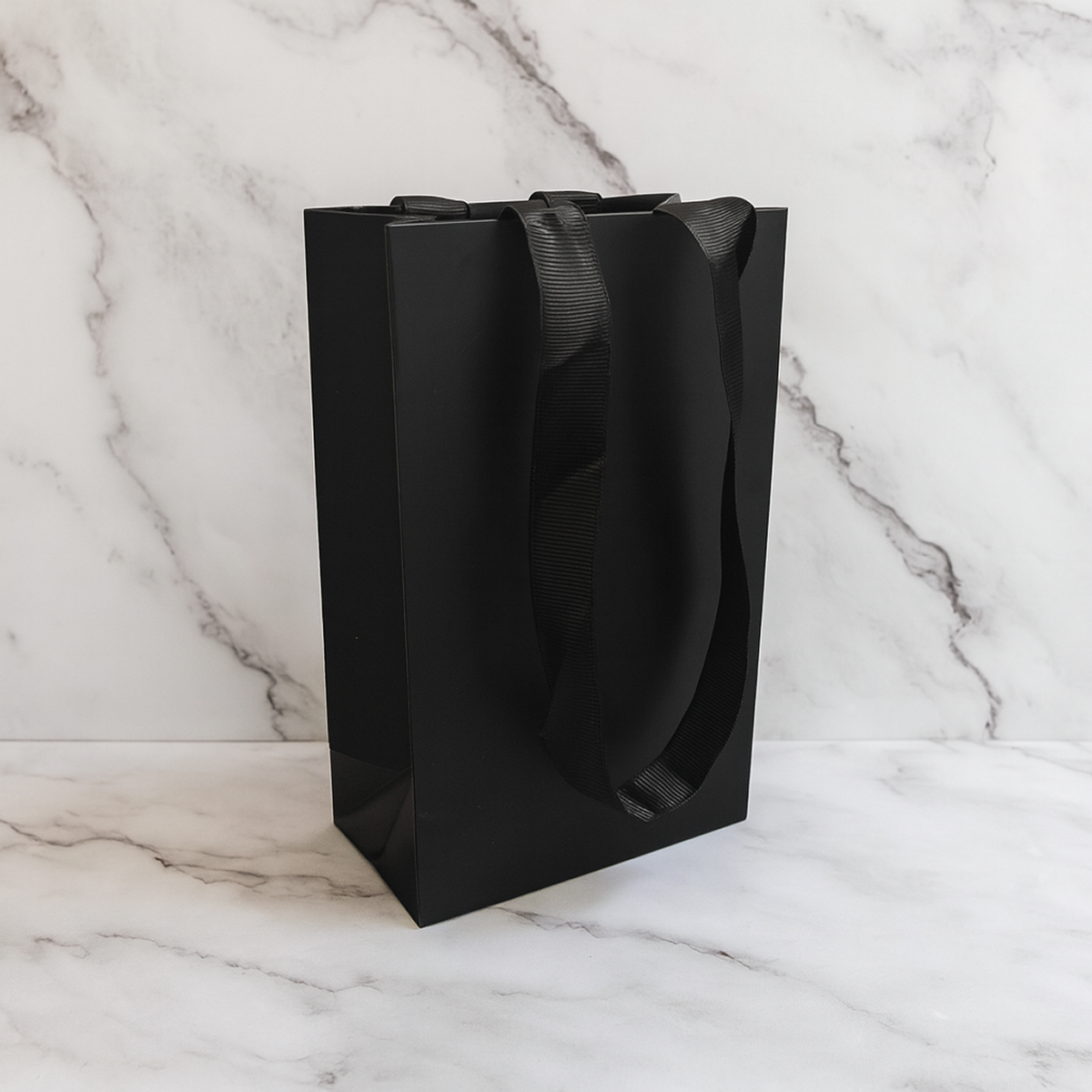FB5358BK | 200pcs Gem 5x3x8 inches Black Laminated Contour Luxe Paper Bags, Double-sides Smooth Finish, Black Ribbon Handles; $0.82/pc