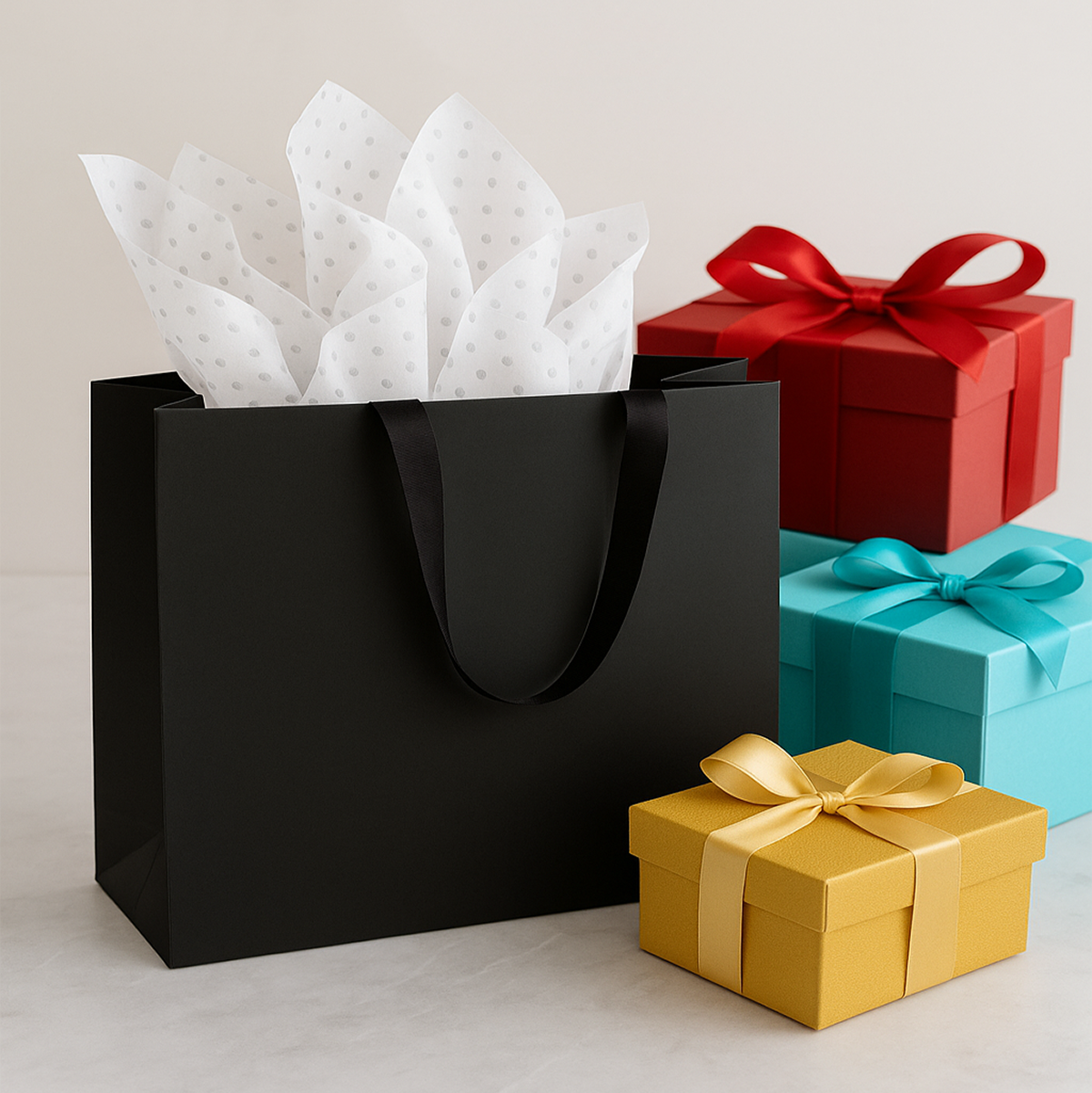 FB1662BK | 100pcs Vogue 16x6x12 inches Black Laminated Contour Luxe Paper Bags, Double-sides Smooth Finish, Black Ribbon Handles; $1.46/pc