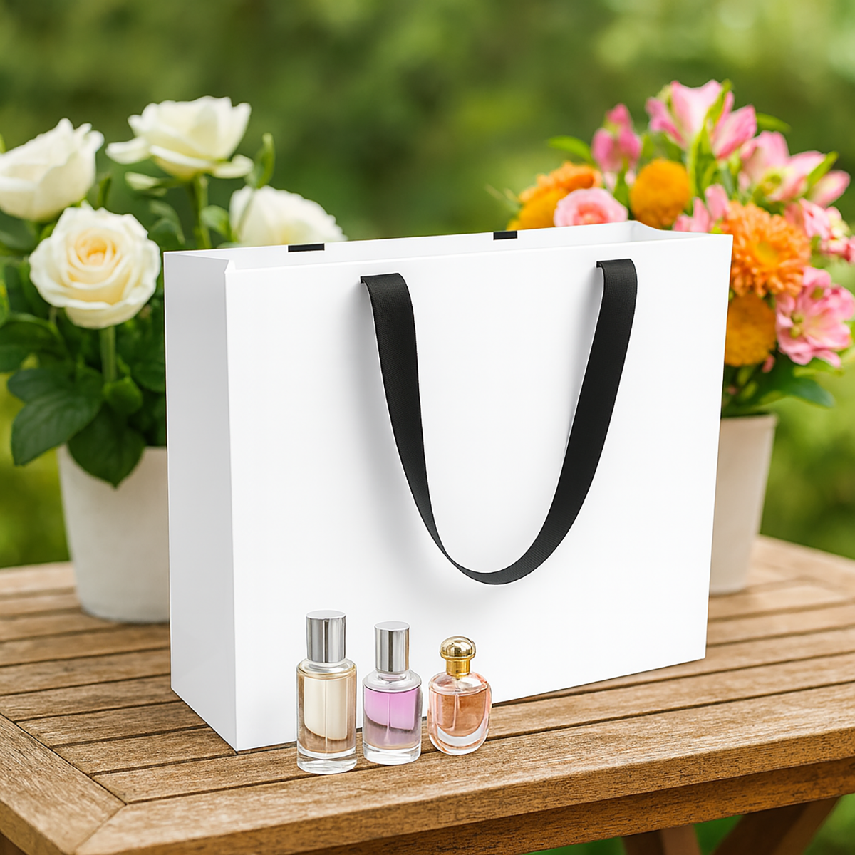 FB1662WB | 100pcs Vogue 16x6x12 inches White Contour Luxe Paper Bags, Double-sides Smooth Finish, Black Ribbon Handles; $1.34/pc