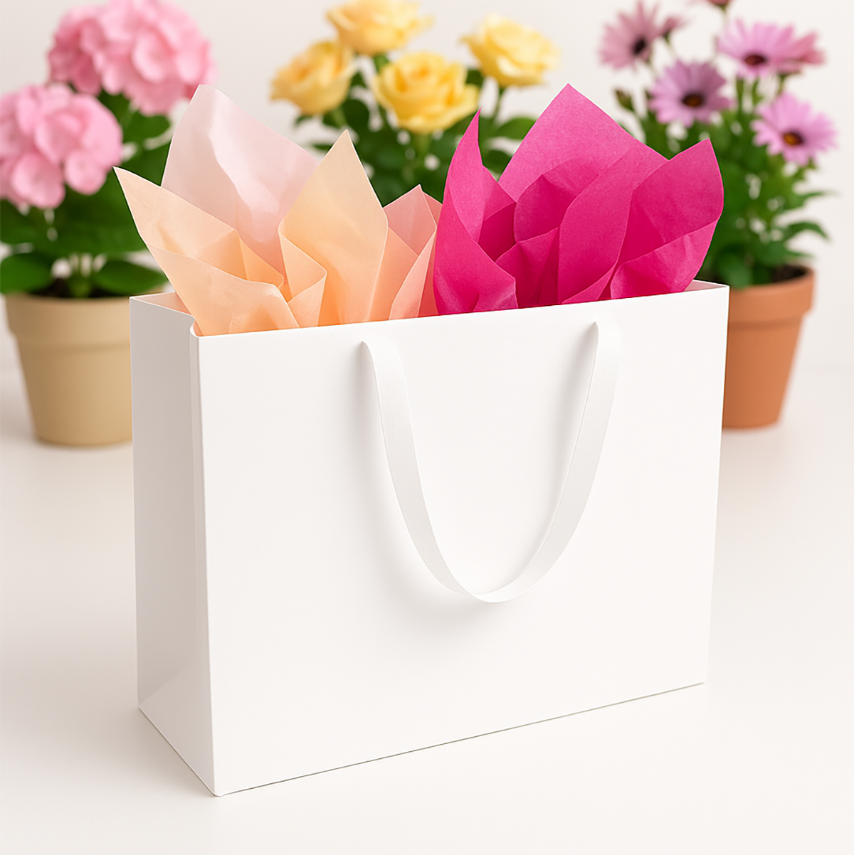 FB1662WW | 100pcs Vogue 16x6x12 inches White Contour Luxe Paper Bags, Double-sides Smooth Finish, White Ribbon Handles; $1.34/pc