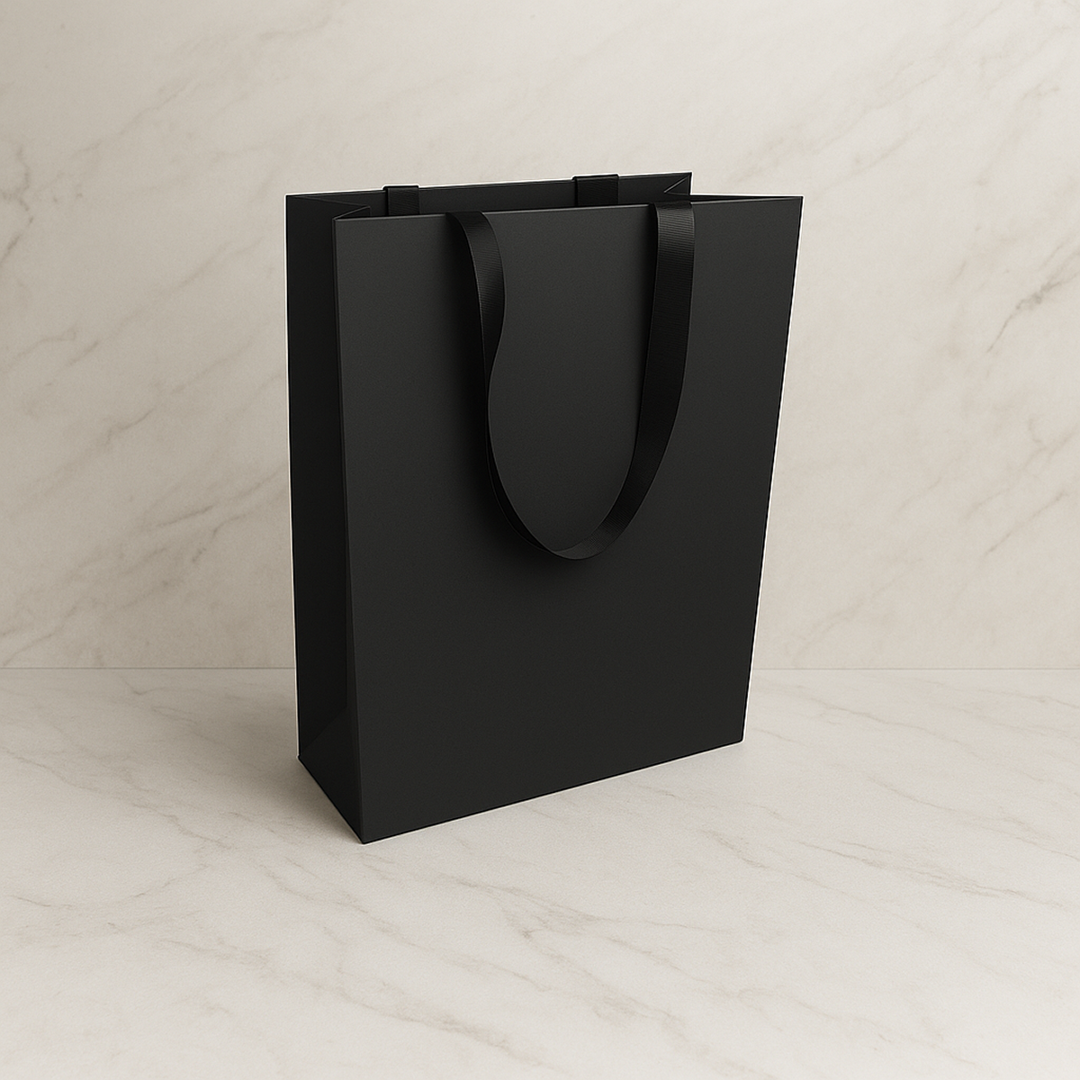 FB1053BK | 100pcs Debbie 10x5x13 inches Black Laminated Contour Luxe Paper Gift Bag, Double-sides Smooth Finish, Black Ribbon Handles; $1.20/pc