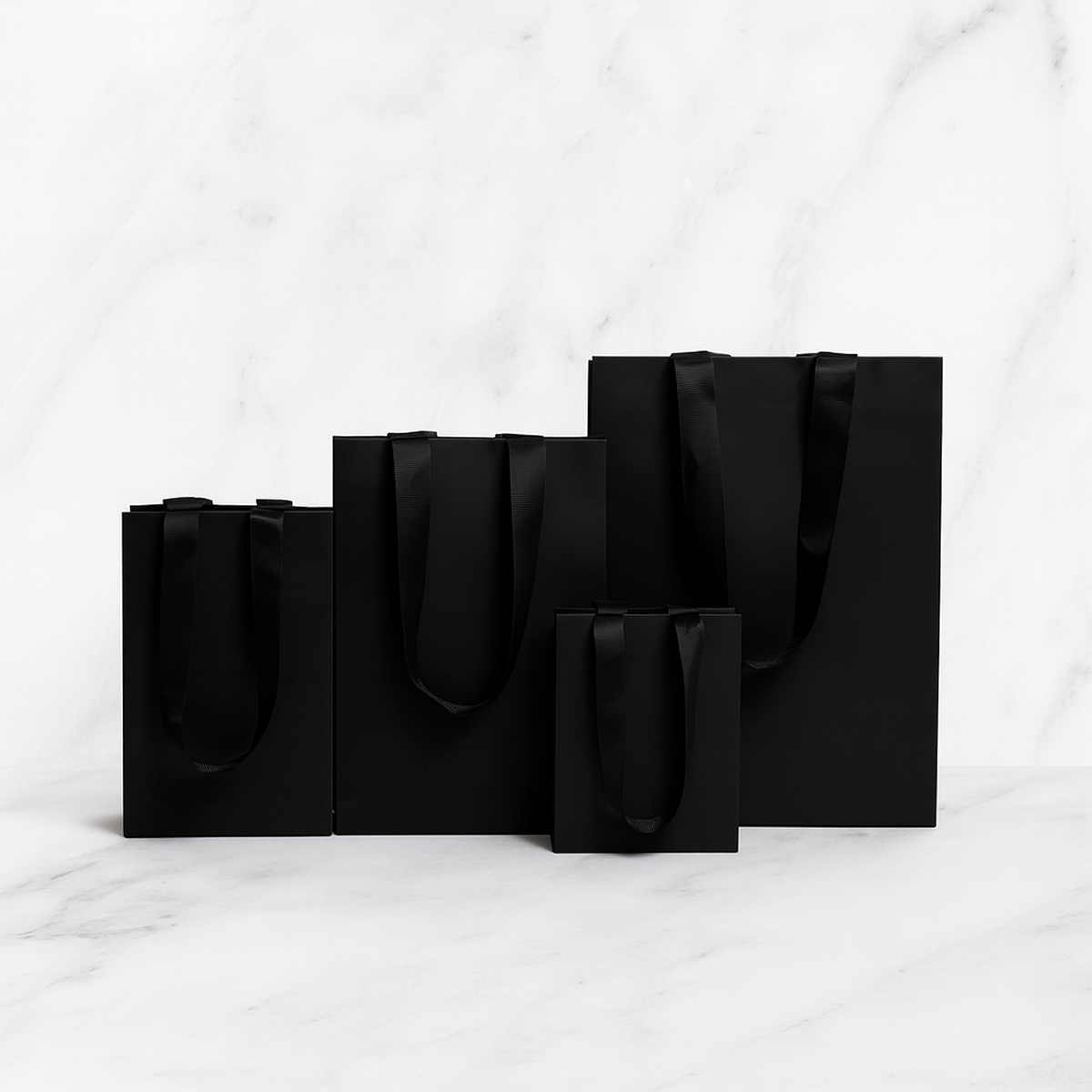 FB5358BK | 200pcs Gem 5x3x8 inches Black Laminated Contour Luxe Paper Bags, Double-sides Smooth Finish, Black Ribbon Handles; $0.82/pc