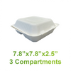 7.8" x 7.8" x 2.5" - Bagasse Clamshell 3 Compartments - Shallow - Case of 200 - KIS PAPER - 5119; from $0.18/pc