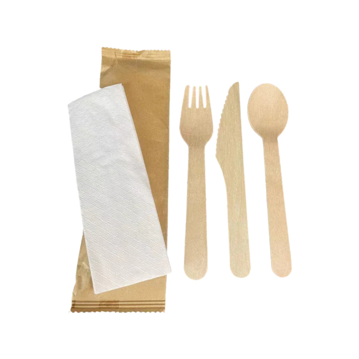 KIS-KIT416G | 4 in 1 Set Paper Wrapped with Wooden Fork, Wooden Knife, Wooden Spoon, Napkin; $0.110/pc