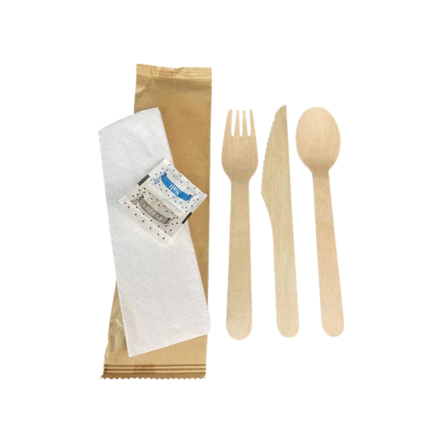 KIS-KIT616G | 5 in 1 Set Paper Wrapped with Wooden Fork, Wooden Knife, Wooden Spoon, Napkin, Pepper & Salt; $0.131/pc