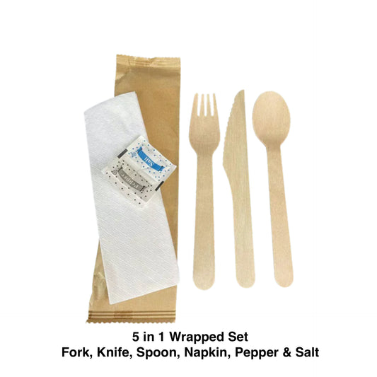 KIS-KIT616G | 5 in 1 Set Paper Wrapped with Wooden Fork, Wooden Knife, Wooden Spoon, Napkin, Pepper & Salt; $0.131/pc