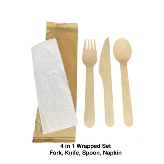 KIS-KIT416G | 4 in 1 Set Paper Wrapped with Wooden Fork, Wooden Knife, Wooden Spoon, Napkin; $0.110/pc