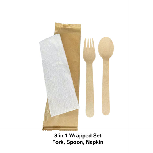 KIS-KIT316SG | 3 in 1 Set Paper Wrapped with Wooden Fork, Wooden Spoon, Napkin; $0.094/pc