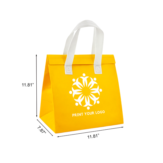 Custom Printed Aluminum Cooler Yellow Insulated Takeout Bags (11.81" x 7.87" x 11.81") with White Flat Handles - SKU #6039