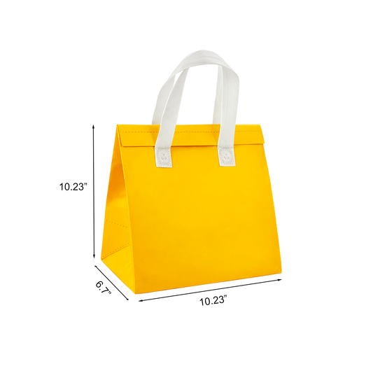 Aluminum Cooler Yellow Insulated Takeout Bags (10.23” x 6.7” x 10.23”) with White Flat Handles - SKU #6035
