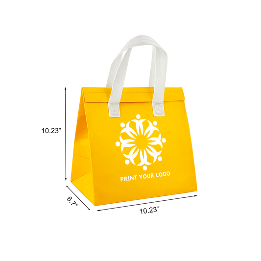 Custom Printed Aluminum Cooler Yellow Insulated Takeout Bags (10.23” x 6.7” x 10.23”) with White Flat Handles - SKU #6035