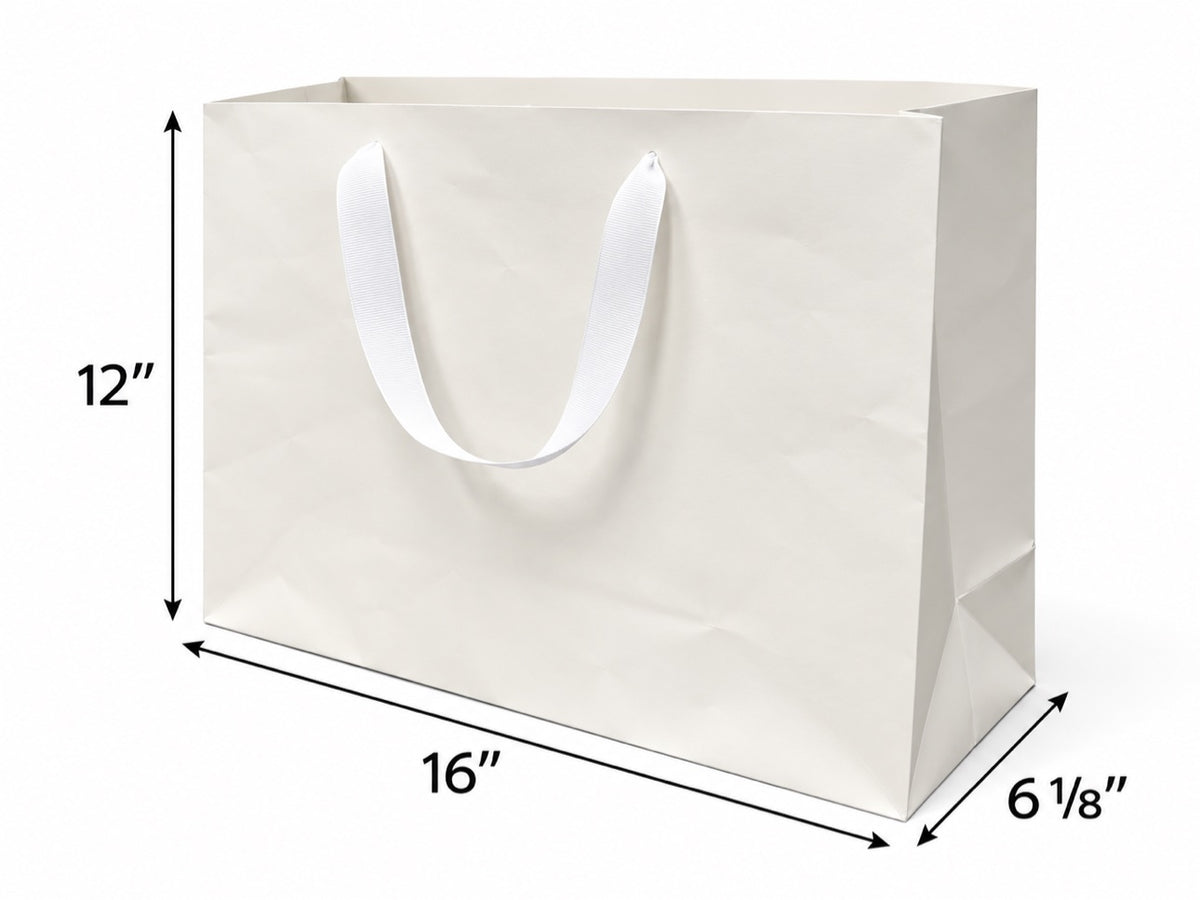 Euro Tote White Paper Shopping Bag 16"x6"x12" with White Grosgrain Ribbon Handles, 150 pcs/Case – SKU#5316