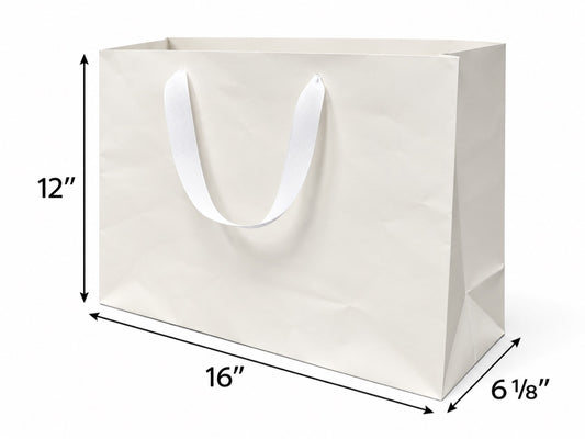 Euro Tote White Paper Shopping Bag 16"x6"x12" with White Grosgrain Ribbon Handles, 150 pcs/Case – SKU#5316