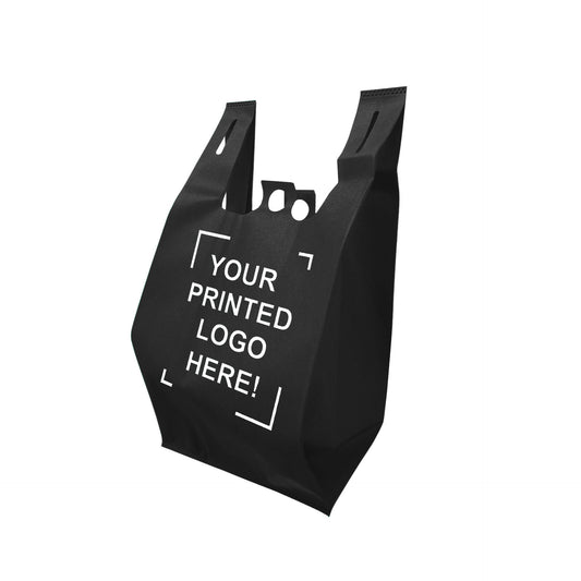 200pcs, Non-Woven Reusable T-Shirt Bag 11x7x20 inches Black Shopping Bags Pinch Bottom, One Color Custom Print, Printed in Canada