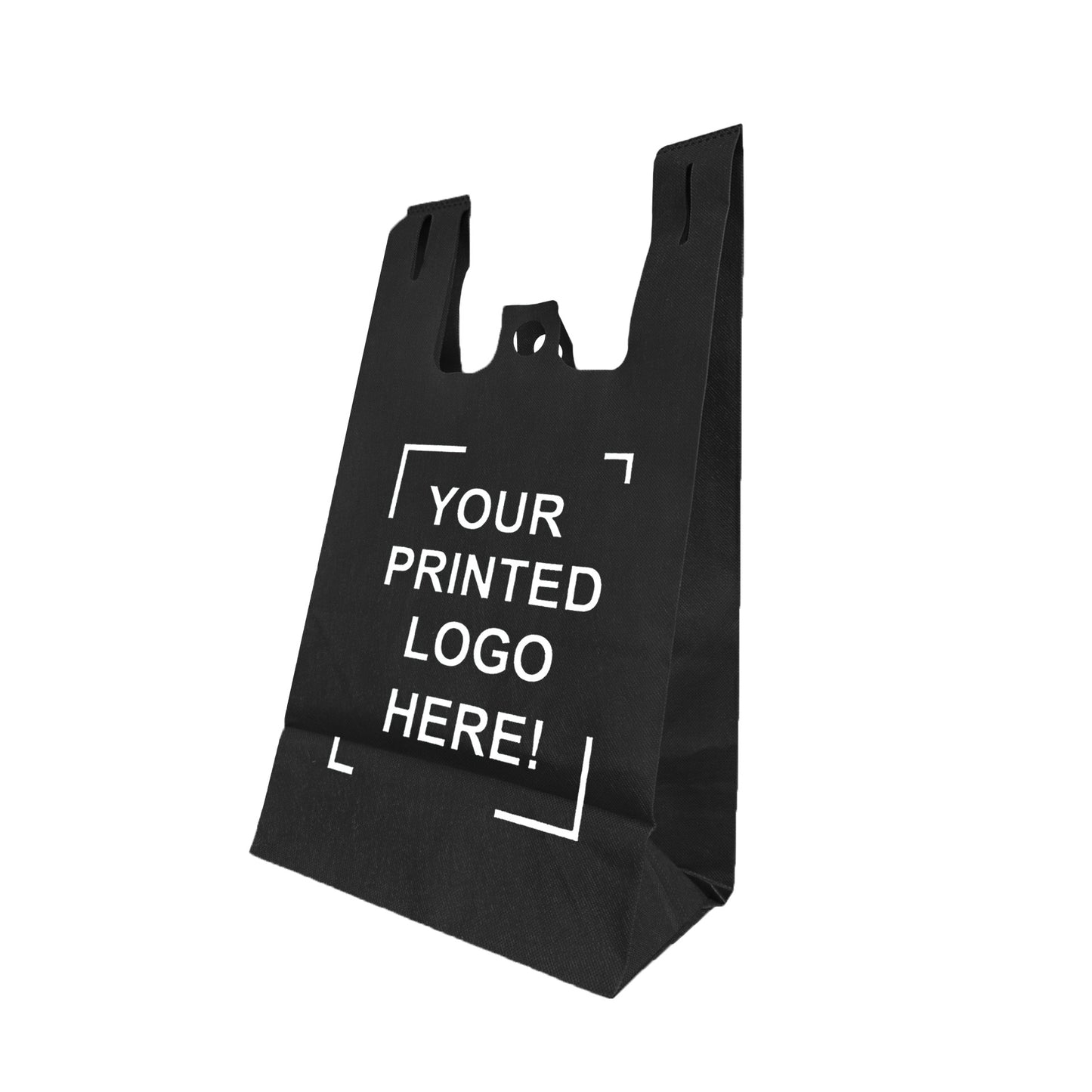 200pcs, Non-Woven Reusable T-Shirt Bag 11x7x20x7 inches Black Shopping Bags Square Bottom, One Color Custom Print, Printed in Canada