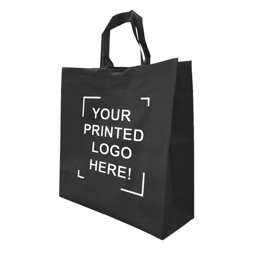 200pcs, Non-Woven Reusable Grocer Bag 15.5x6x15.5 inches Black Shopping Bags Flat Handles, One Color Custom Print, Printed in Canada