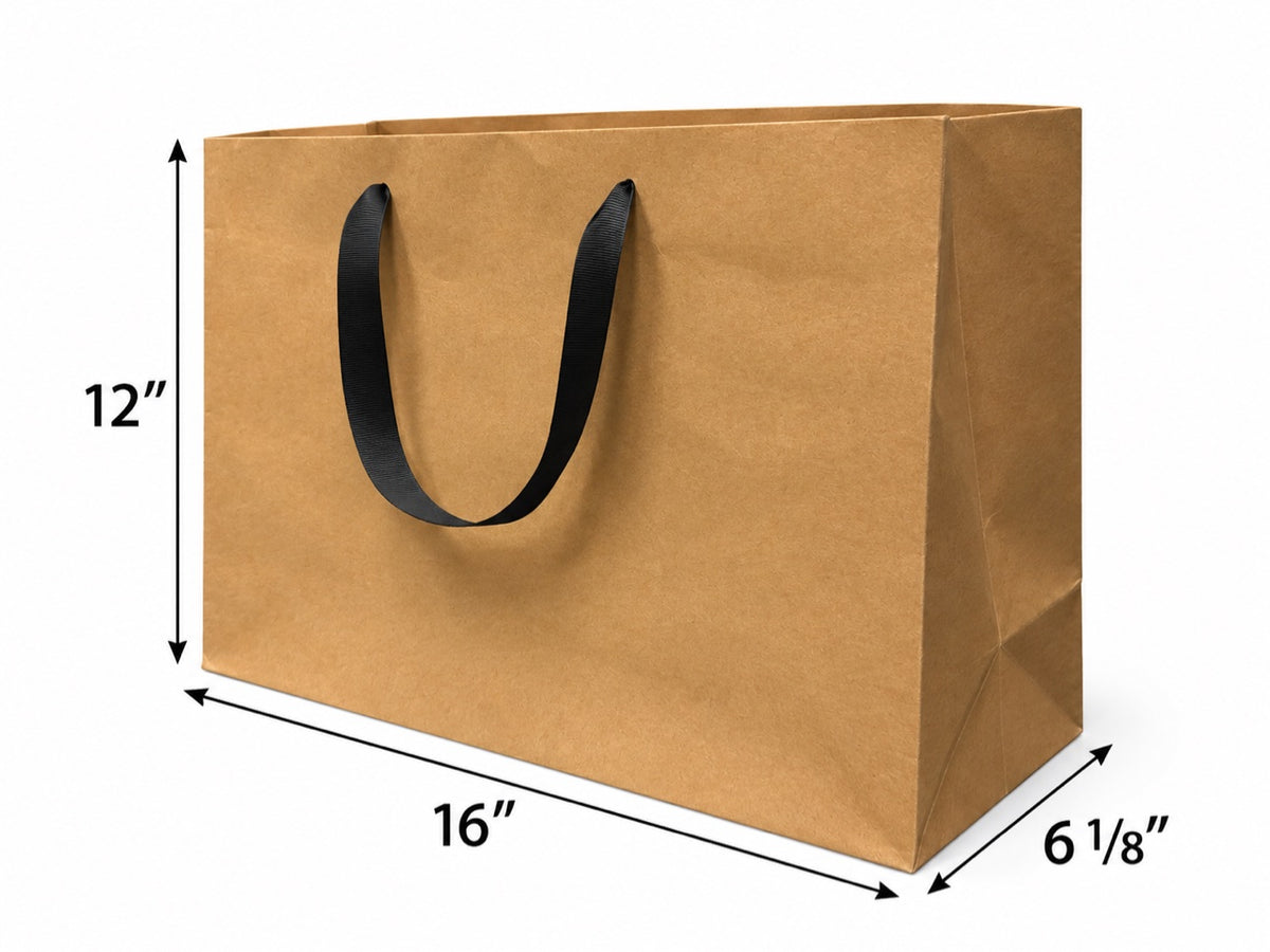 Euro Tote Kraft Paper Shopping Bag 16"x6"x12" with Black Grosgrain Ribbon Handles, 150 pcs/Case – SKU#5313
