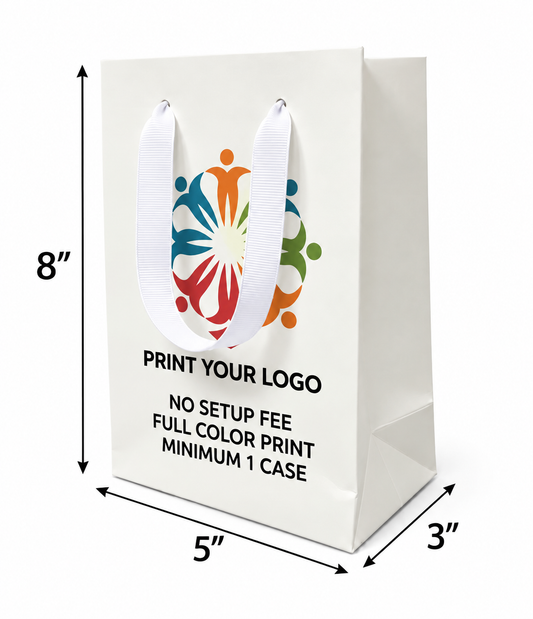 Custom Printed Euro Tote Cub White Paper Bags (5″ × 3″ × 8″) with Ribbon Handles - SKU 6119