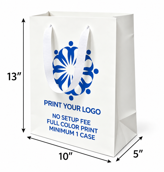 Custom Printed Euro Tote Laminated Debbie White Paper Bags (10″ × 5″ × 13″) with Ribbon Handles - SKU #6660
