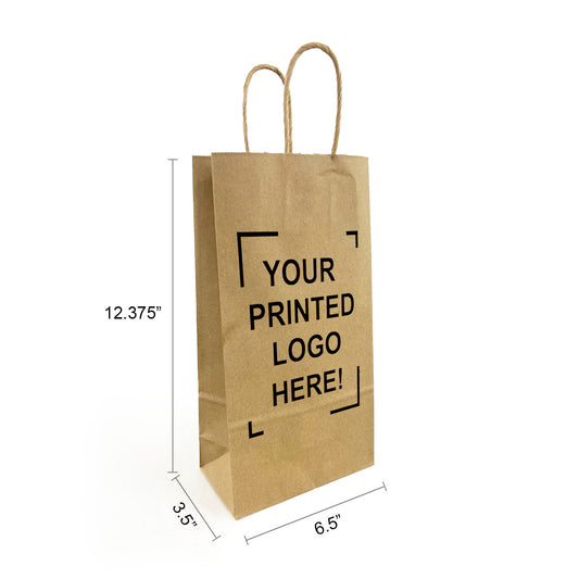 250pcs, Double Wine 6.5x3.5x12.375 inches Kraft Paper Bags Twist Handles; Full Color Custom Print, Printed in Canada