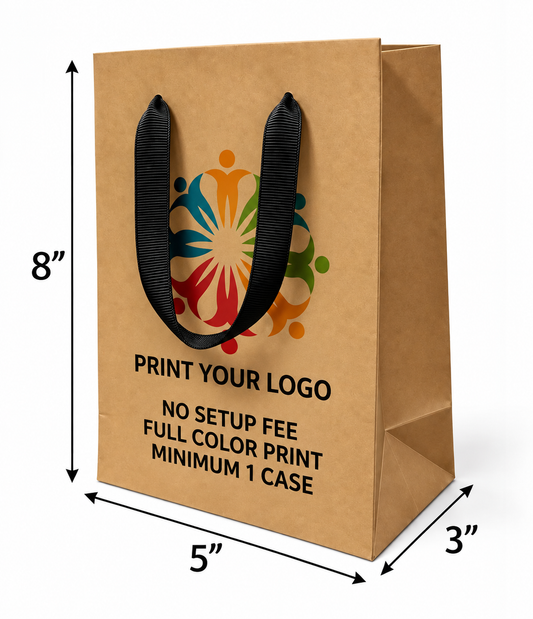 Custom Printed Euro Tote Cub Kraft Paper Bags 5" x  3" x  8" with Ribbon Handles - SKU #6118