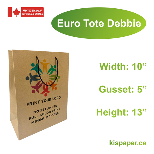 150pcs, Euro Tote Debbie 10x5x13 inches Kraft Paper Bags Rope Handles; Full Color Custom Print, Printed in Canada