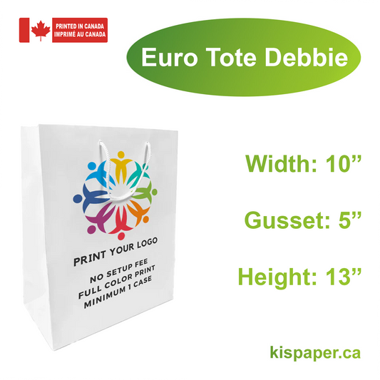 150pcs, Euro Tote Debbie 10x5x13 inches White Paper Bags Rope Handles; Full Color Custom Print, Printed in Canada