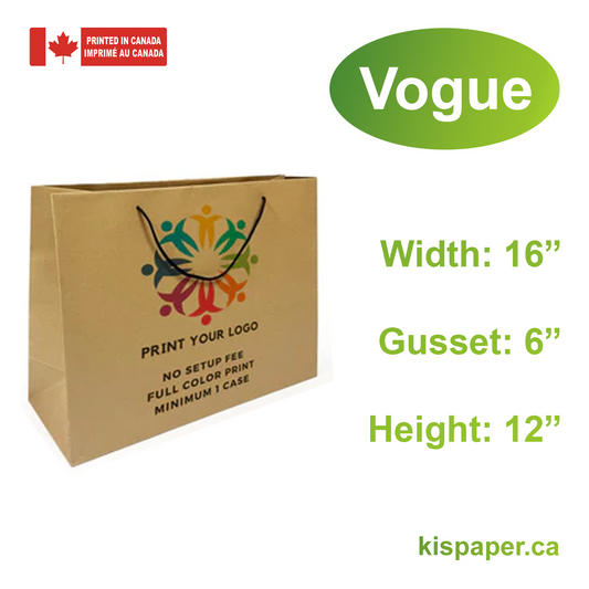 150pcs, Euro Tote Bags Vogue 16x6x12 inches Kraft Paper Bags Rope Handles; Full Color Custom Print, Printed in Canada