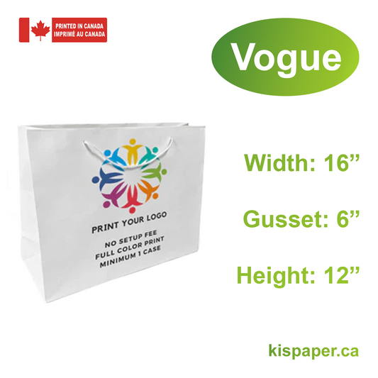 150pcs, Euro Tote Vogue 16x6x12 inches White Paper Bags Rope Handles; Full Color Custom Print, Printed in Canada