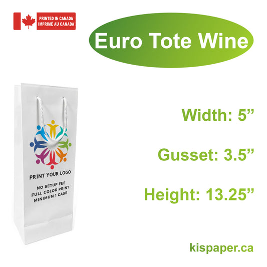 150pcs, Euro Tote Wine 5x3.5x13.25 inches White Paper Bags Rope Handles; Full Color Custom Print, Printed in Canada