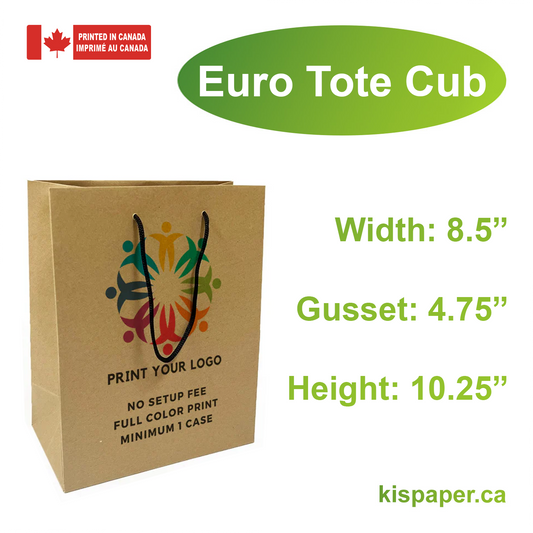 150pcs, Euro Tote Cub 8x4.5x10 inches Kraft Paper Bags Rope Handles; Full Color Custom Print, Printed in Canada