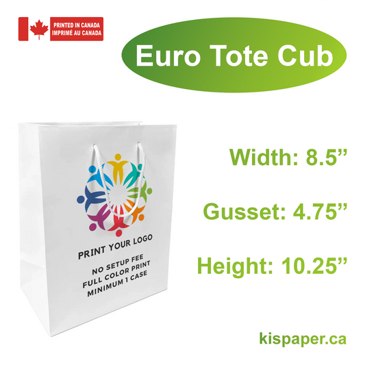 150pcs, Euro Tote Cub 8x4.5x10 inches White Paper Bags Rope Handles; Full Color Custom Print, Printed in Canada