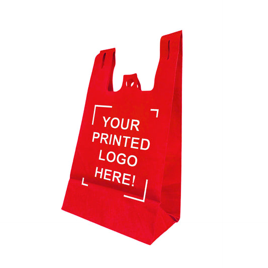 200pcs, Non-Woven Reusable T-Shirt Bag 11x7x20x7 inches Red Shopping Bags Square Bottom, One Color Custom Print, Printed in Canada