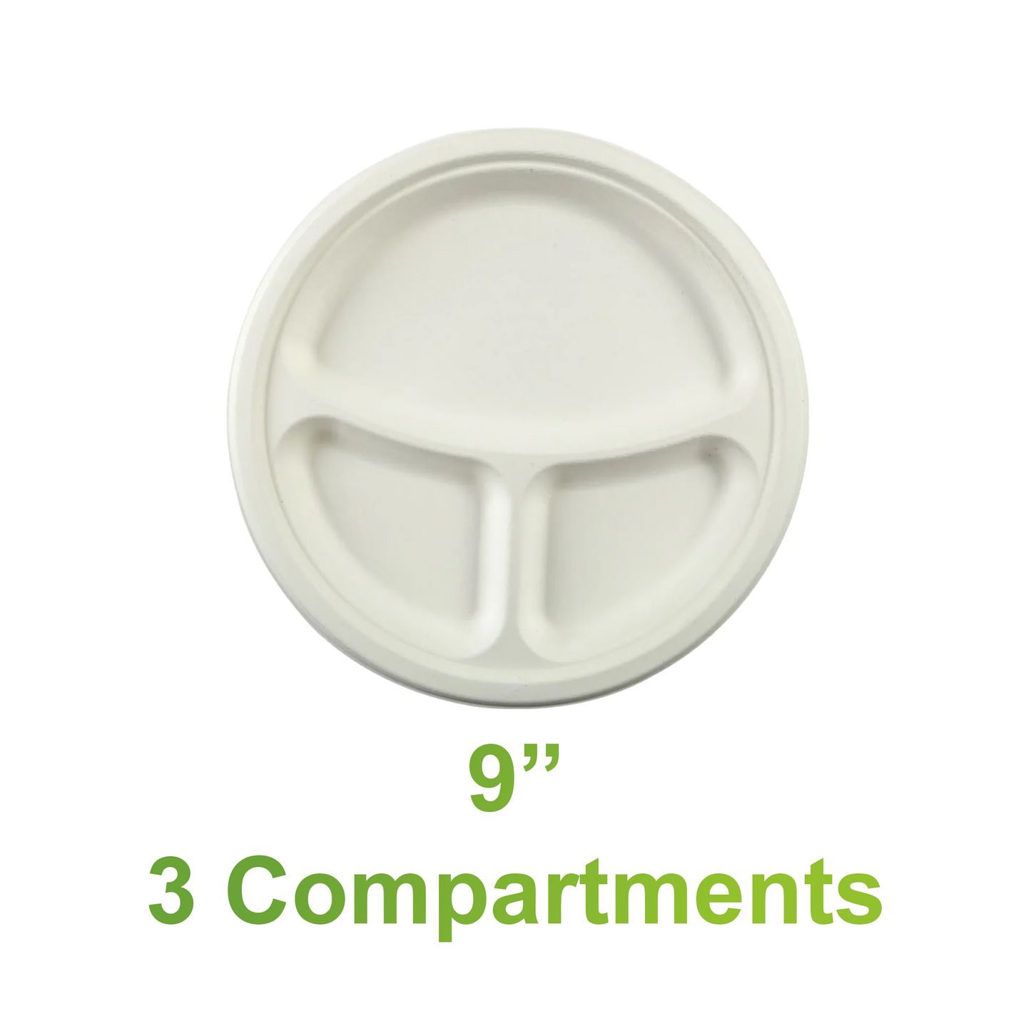 9" - Bagasse Round Plate - 3 Compartments - Carton of 500 - KIS PAPER - 5129; $0.095/pc