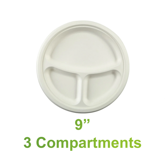 9" - Bagasse Round Plate - 3 Compartments - Carton of 500 - KIS PAPER - 5129; $0.095/pc