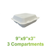 9" x 9" x 3" - Bagasse Clamshell 3 Compartments - Case of 200 - KIS PAPER - 5124; $0.230/pc