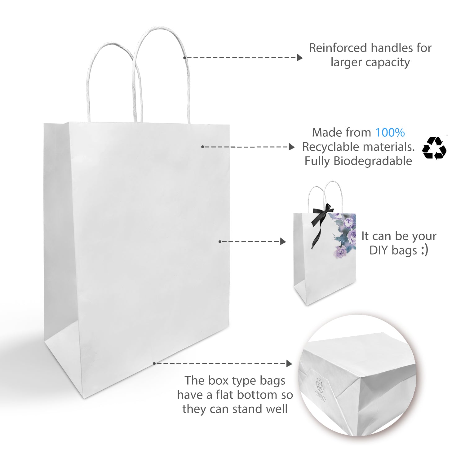 250 Pcs, Debbie, 10x5x13 inches, White Kraft Paper Bags, with Twisted Handle