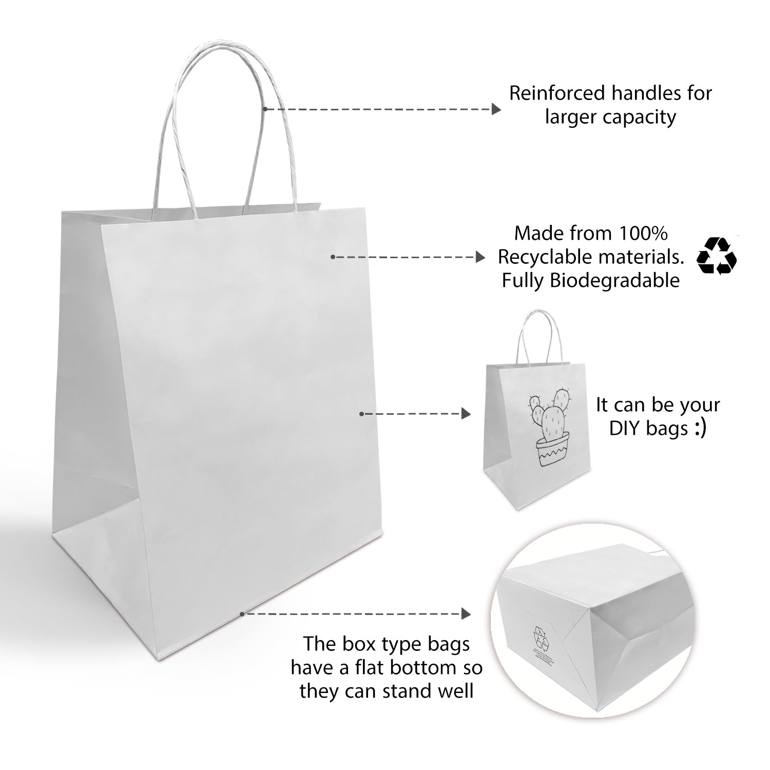 250 Pcs, Bistro, 10x6.75x12 inches, White Kraft Paper Bags, with Twisted Handle