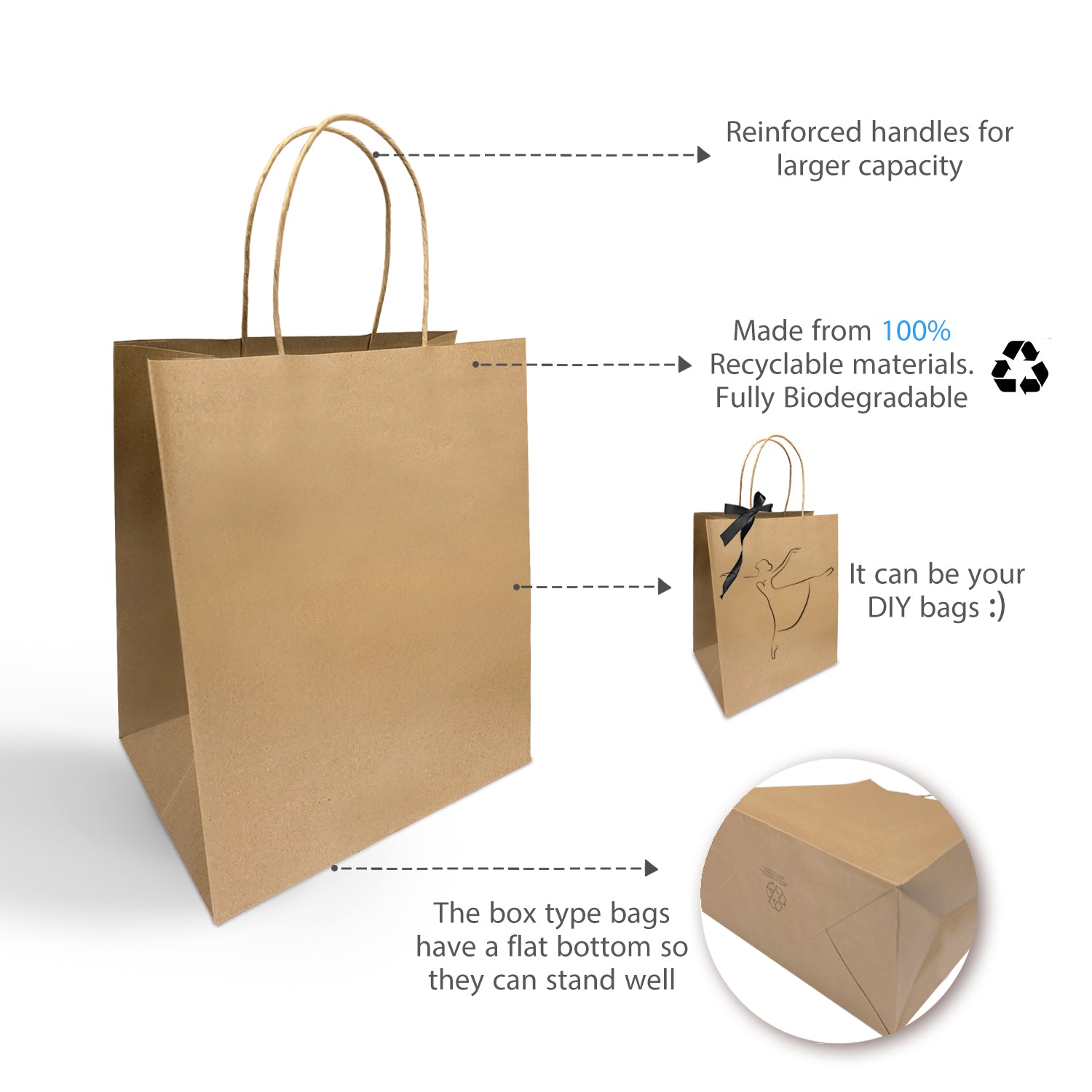 250 Pcs, Bistro, 10x6.75x12 inches, Kraft Paper Bags, with Twisted Handle
