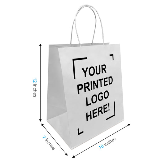 250 Pcs, Bistro, 10x7x12 inches, White Kraft Paper Bags, with Twisted Handle, Full Color Custom Print