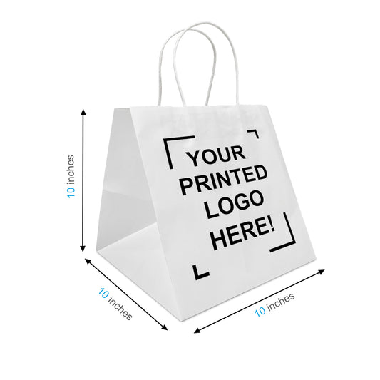 250 Pcs, Cube, 10.5x10.5x10.5 inches, White Kraft Paper Bags, with Twisted Handle, Full Color Custom Print