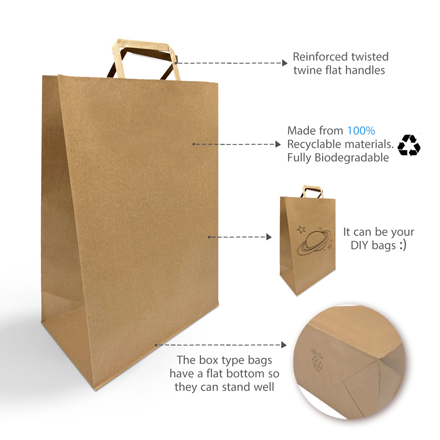 300 Pcs, Simba, 12x7x17 inches, Kraft Paper Bags, with Flat Handle