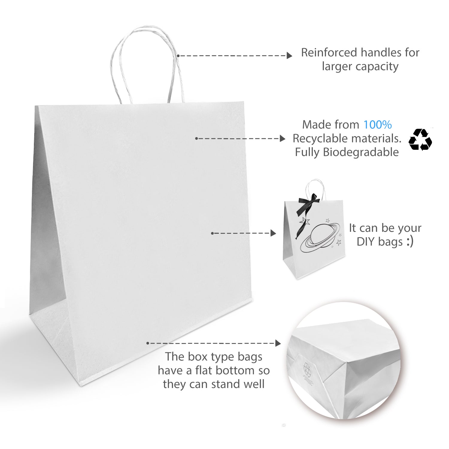 250 Pcs, Star, 13x7x13 inches, White Kraft Paper Bags, with Twisted Handle