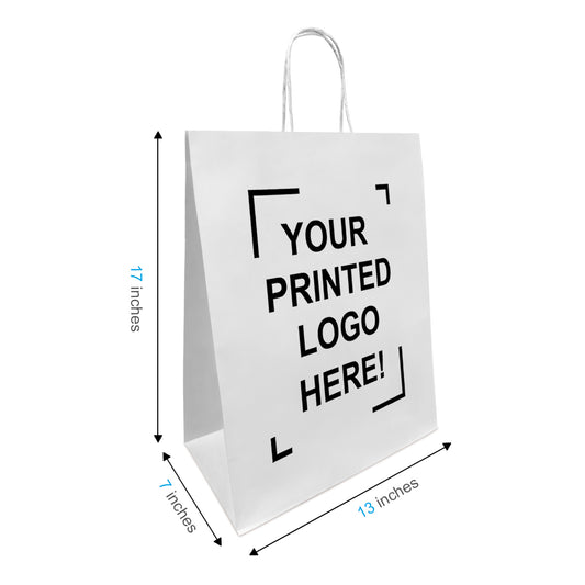 250 Pcs, Mart, 13x7x17 inches, White Kraft Paper Bags, with Twisted Handle, Full Color Custom Print