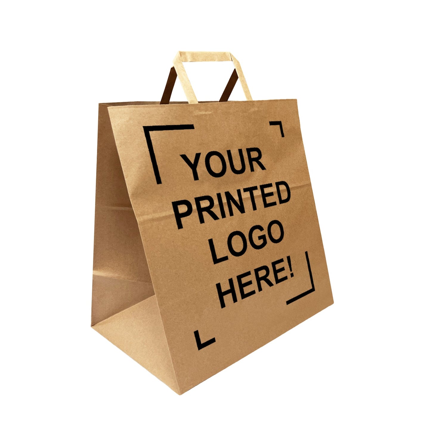 250pcs, 2 Sides Print, Super Royal 14x10x15.75 inches Kraft Paper Bags Flat Handles; $1.46/pc, Full Color Custom Print, Printed in Canada