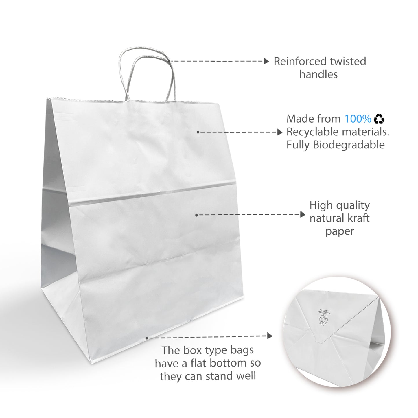 200 Pcs, Dumbo, 15x10.5x16.5 inches, White Kraft Paper Bags, with Twisted Handles