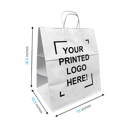 200 Pcs, Dumbo, 15x10.5x16.5 inches, White Kraft Paper Bags, with Twisted Handle, Full Color Custom Print